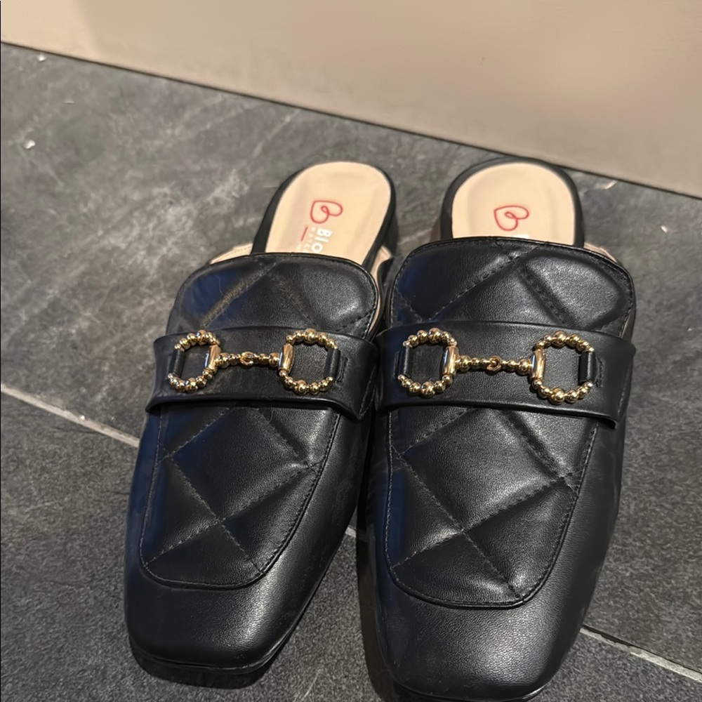 Black Quilted Mules with Gold Accent